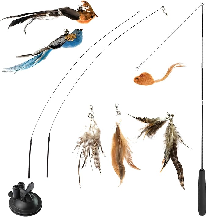 Interactive Bird Simulation Cat Feather Toy Set Cat Retractable Wand Toys Suction Cups Base,Include Detachable 7 Pcs Replacements Feathers Toys