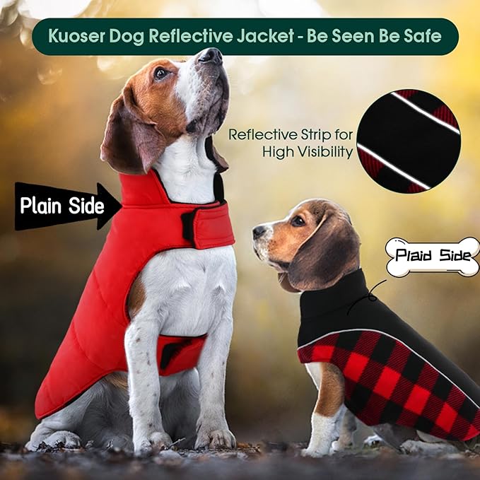 Kuoser Dog Winter Coat, Reversible Waterproof Dog Jacket with Reflective Strip, Warm Dogs Fleece Vest Adjustable Doggy Cold Weather Clothes Plaid Christmas Outfit Pet Apparel for Large Dogs, Red L