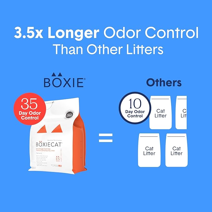 Boxie Extra Strength 35 Day Odor Control Clumping Clay Cat & Kitty Litter 40lb, 99.9% Dust-Free, Probiotic Formula, Long-Lasting, Veterinarian Approved, Easy Scooping for Multi-Cat Homes
