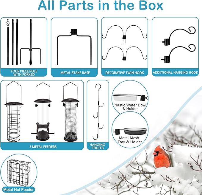 Bird Feeder Station with Suet Cage & Water Bowl Fruit Hook- Adjustable Pole, 6 Hanging Hooks for Wild Birds, Outdoor Garden Bird Feeding Kit