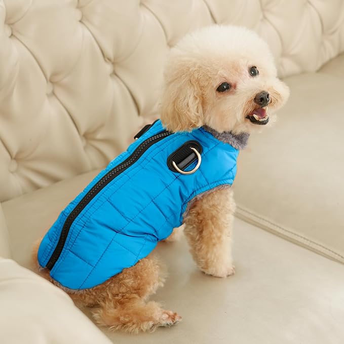 Warm Fleece Dog Coats with Durable Harness Buitl in D-Ring,Waterproof Doggie Jacket for Medium Dogs,Dog Vest for Cold Winter,Light Blue XL