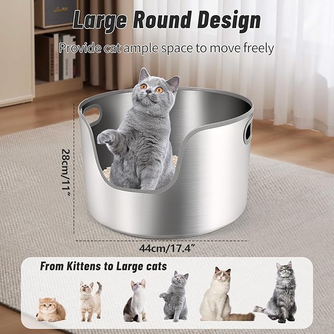 Stainless Steel Litter Box, 17.4” x 11" Large Round High Sided Metal Cat Litter Box Tray with Scoop, Filter Pedal & Litter Mat, Non-Sticky, Non-Odor, Easy Cleaning