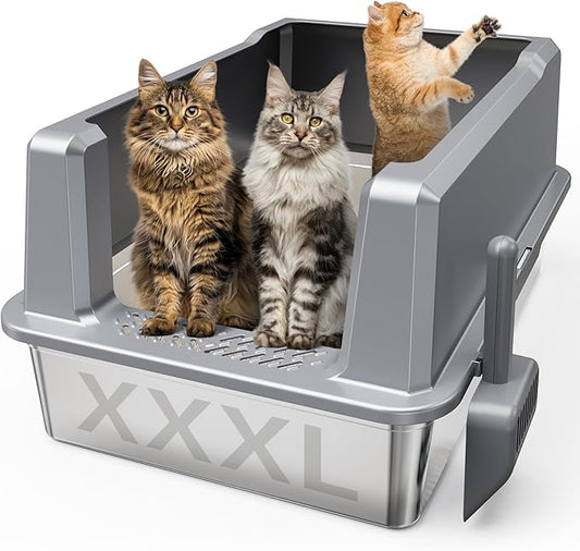 XXL Stainless Steel Cat Litter Box with Lid, Odorless XL Metal Box for Big Cats, Extra Large Kitty Litter Pan, Easy Clean Steel Box Anti-Leakage, Include Litter Scoop
