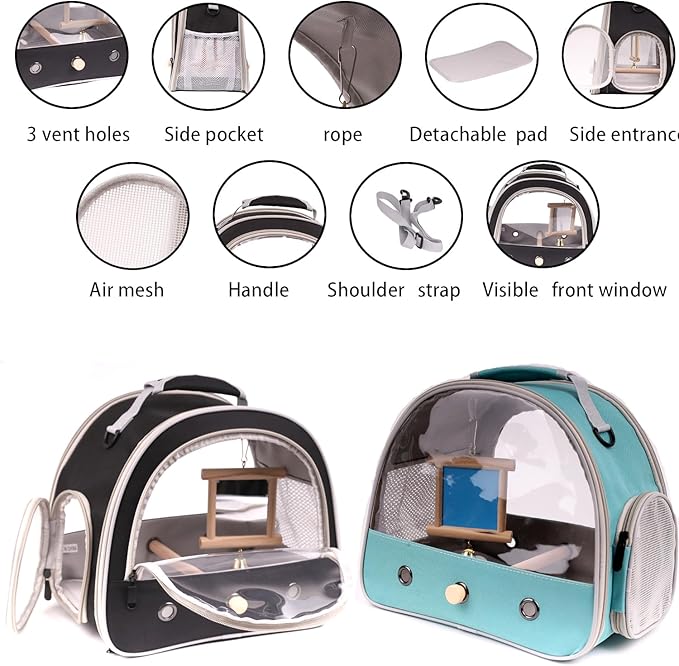Parrot Travel Cage Carrier with Bird Cage Bells Mirror Set,Portable Small Bird Parakeet Bag with Standing Perch and Comfy Mat Bird Carry Transport Bag with Clear Window Outdoor Adventure