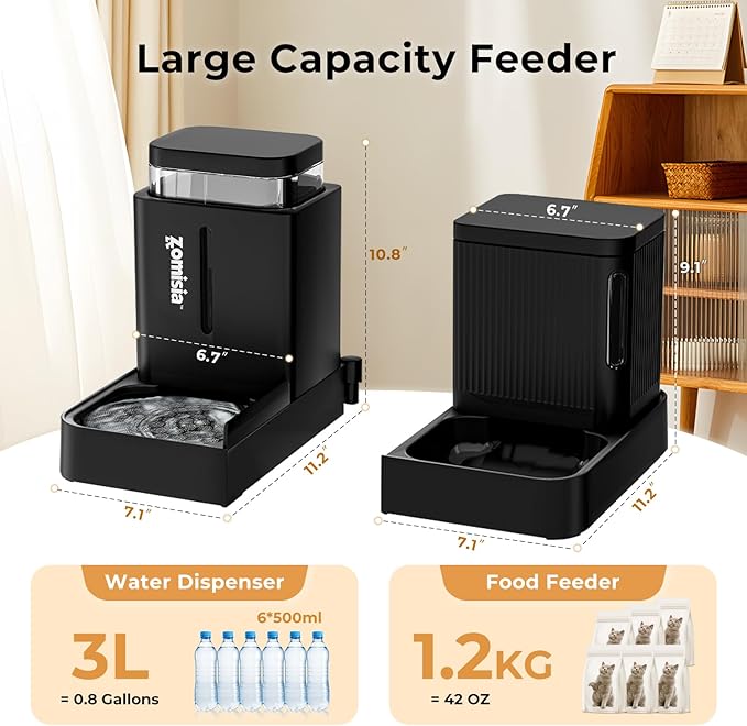 Gravity Cat Feeder and Water Dispenser, 2 in 1 Cat Self Feeder with 180 Degree Rotatable, 2 Pack Automatic Feeding Large Capacity for Small Medium Dog Puppy Kitten, Black, 0.8 Gallon x 2