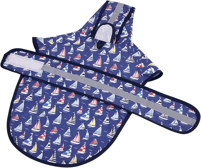 HDE Dog Raincoat Jacket Reflective Adjustable Hooded Pet Poncho Rain Coat with Leash Hole for Small to X-Large Dogs Nautical Boats - L