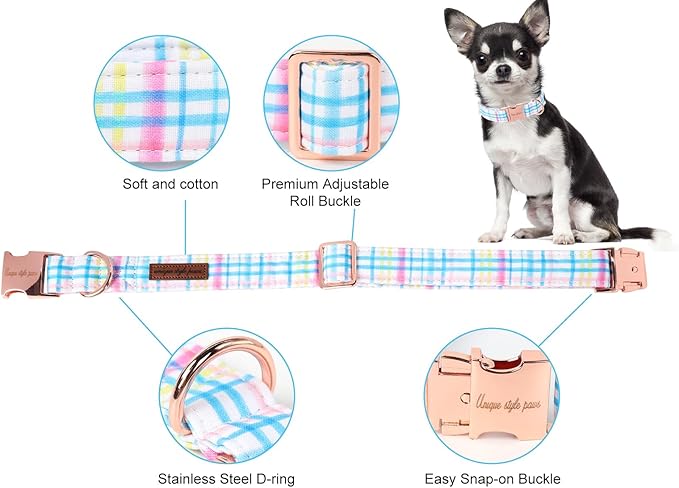 Unique Style Paws Dog Collar with Metal Buckle - Blue Pink Grid Pattern - Durable & Cute for Small to Large Dogs