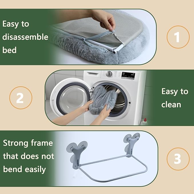 Cat Window Perch with 6 Strong Suction Cups,Mats That can be Switched Between Winter and Summer,Foldable Cordless Cat Beds Can Bear 50LBS Weight (White)