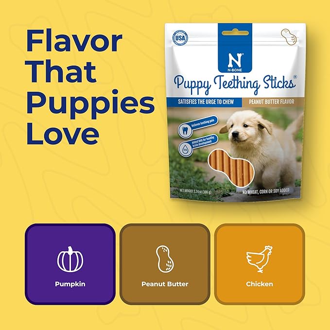 N-Bone Puppy Teething Sticks Variety Pack, Chicken & Pumpkin & Peanut Butter Flavor, Total 3 Bags, 11.22-oz
