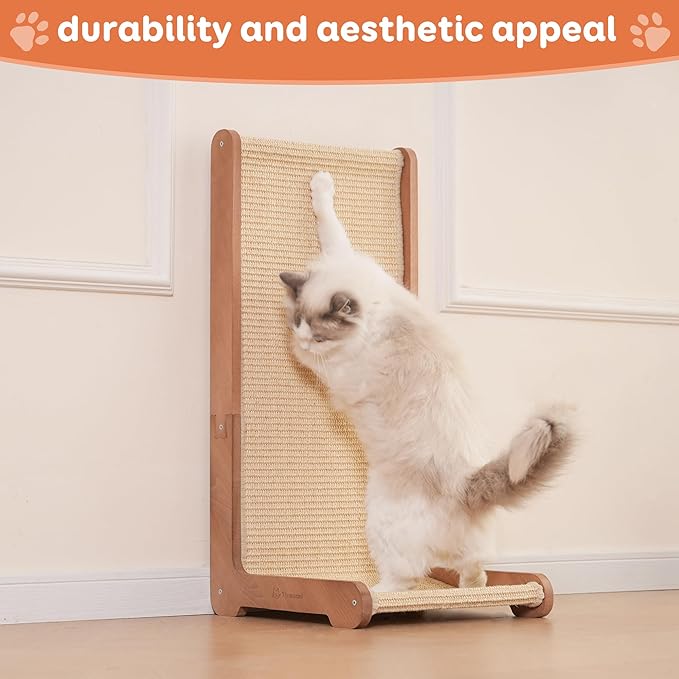 Cat Scratching Post - Beechwood Base, 26.8" Natural Sisal Woven Cat Scratch Pad, Cat Scratching Board,Durable Cat Scratcher for Indoor Cat, Furniture Protector for Cats' Clawing and Play