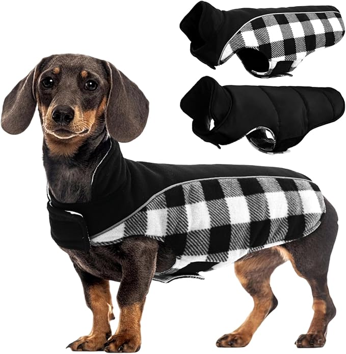 Kuoser Dog Winter Coat, Reversible Waterproof Dog Jacket with Reflective Strip, Warm Dogs Fleece Vest Adjustable Doggy Cold Weather Clothes Plaid Christmas Outfit Pet Apparel for Small Dogs, Black S