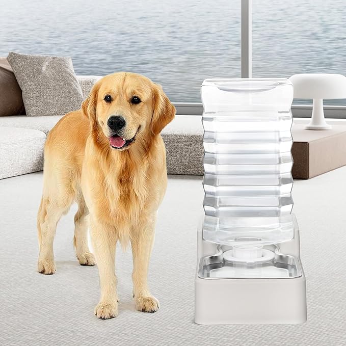 RIZZARI Stainless Steel Pet Water Feeder: 9L Automatic Leak-Proof Gravity Dispenser for Cats Dogs Indoor Outdoor Use（Beige with Filter,9L）