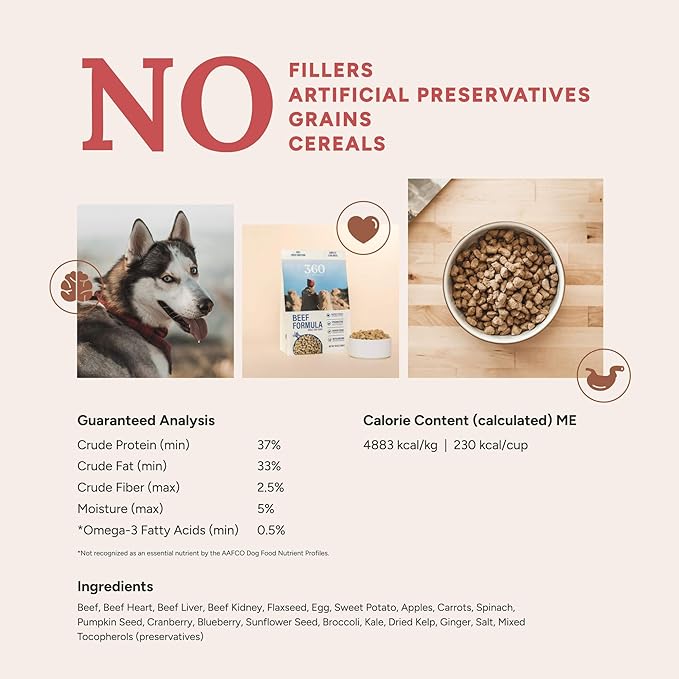 360 Pet Nutrition Freeze-Dried Raw Dog Food – Beef Recipe with Liver & Organs, High Protein with Omega-3s, Fruits, Veggies & Superfoods, Grain-Free, No Fillers, 3 lb – Made in USA