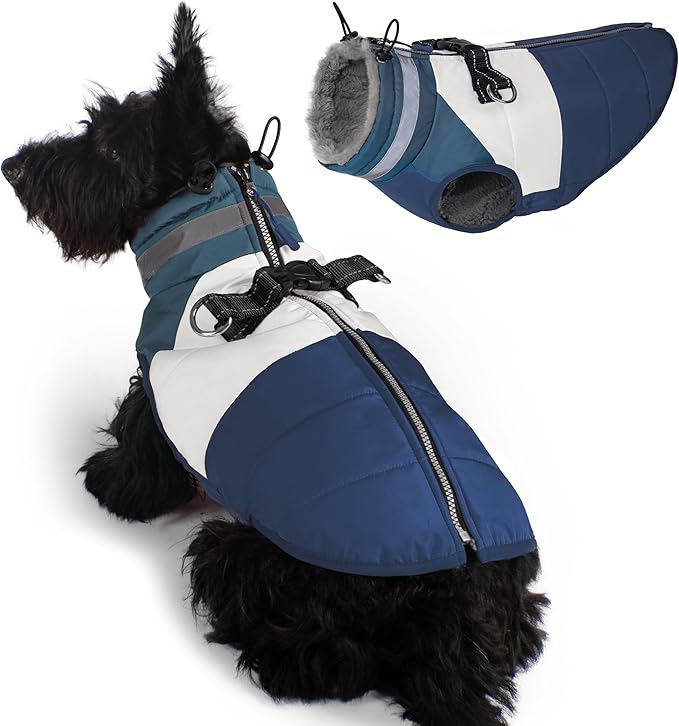 azuza Dog Jacket for Small Dogs Waterproof Dog Coat with Reflective Strips and Harness Built in Warm Fleece Dogs Winter Coat Windproof with Back Zipper, Navy M