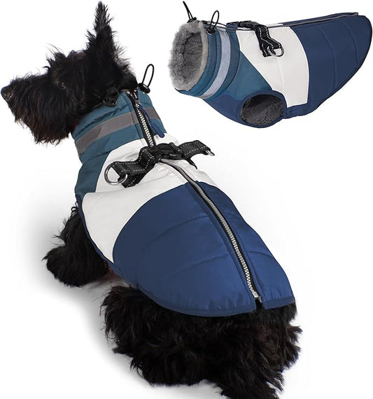 azuza Dog Jacket Waterproof Winter Coat for Small Dogs, Warm Fleece Vest with Reflective Strips & Built-in Harness, Windproof Back Zipper, Navy S