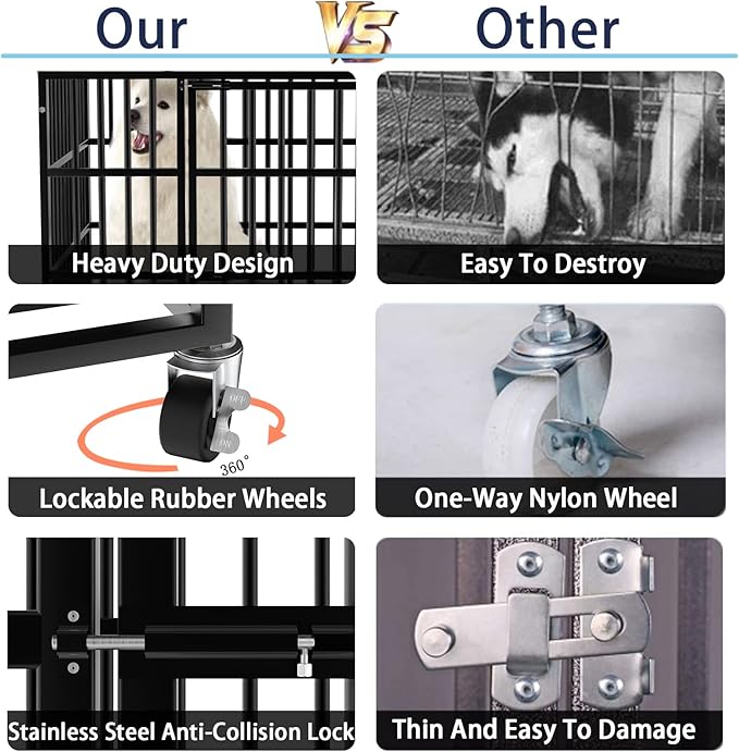 LEMBERI 48/38 inch Heavy Duty Indestructible Dog Crate, Escape Proof Dogs Cage Kennel with Lockable Wheels,High Anxiety Double Door Kennel,Extra Large Crate Indoor for Large Dog with Removable Tray