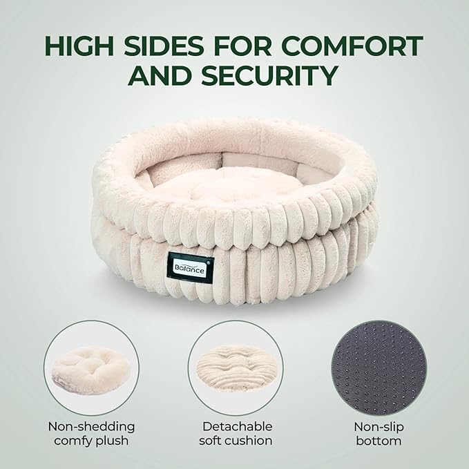 BALANCE Cat Bed Kitten Bed, Washable Round Cat Beds for Indoor Cats,Super Soft Plush Faux Fur Pet Bed for Puppy and Kitten with Anti-Slip Bottom