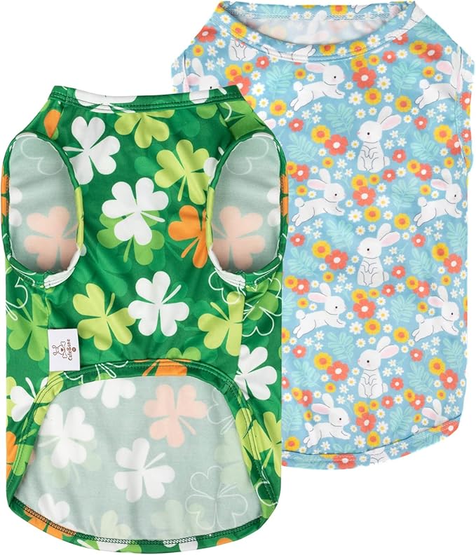 CuteBone Dog Shirts 2-Pack St.Patrick's Day & Easter Soft Pet Clothes Breathable Summer Vest for Small Puppy and Stretchy Cat Apparel 2BX12S