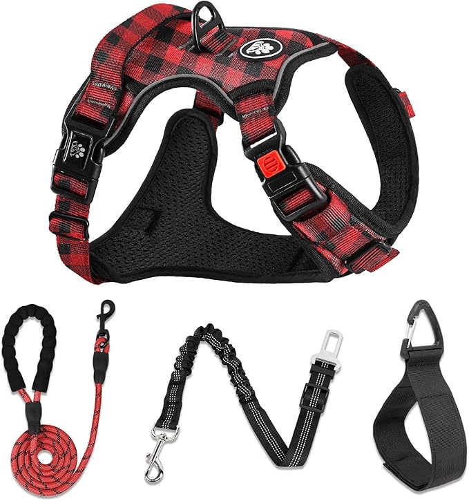 NESTROAD No Pull Dog Harness with Leash, Reflective No Choke Pet Vest Harness,Adjustable Soft Padded Dog Harness with Easy Control Handle for Small Dogs(Checkered Red,Small)