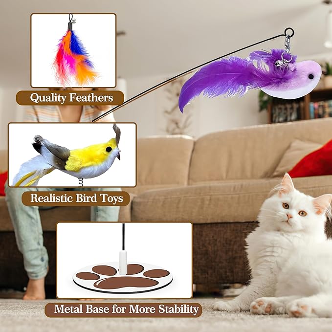 Interactive Cat Toy for Indoor, Includes Metal Base, Suction Cup Cat Base, Cat Wand,Bird Simulation Toys and Feather Toy, Set of 7 PCS