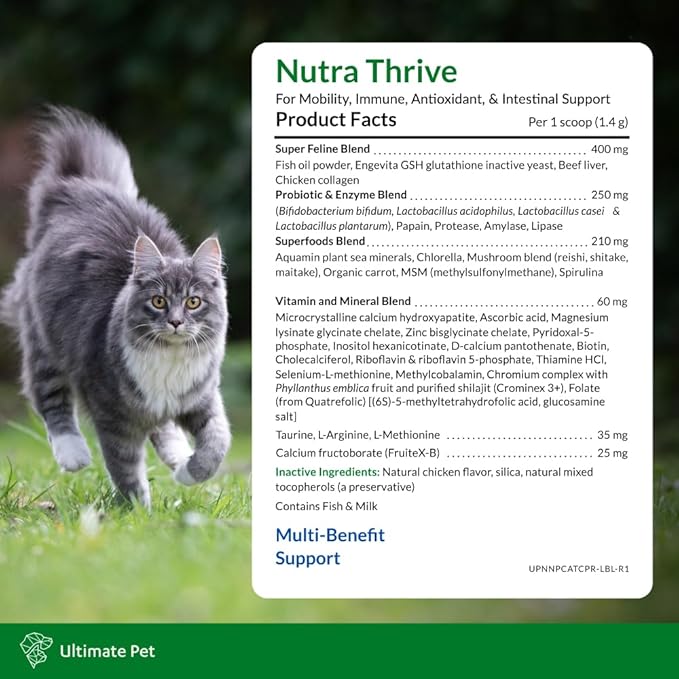 Ultimate Pet Nutrition Nutra Thrive™ Cat Supplement, Vet-Developed Powder for Mobility, Immune Support, Antioxidants & Digestion with Probiotics, Collagen, & Superfoods, 30 Servings