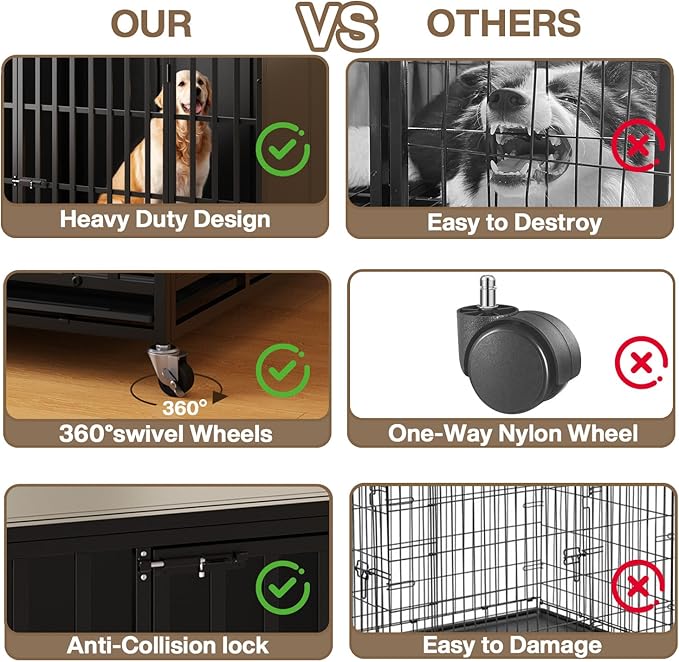 LEMBERI 48/42 inch Heavy Duty Indestructible Dog Crate, High Anxiety Extra Large Dog Cage for Large Dogs, XL Steel Escape Proof Dog Kennel with Wheels and Removable Tray (Black, 47.2*30.7*34.6 inch)