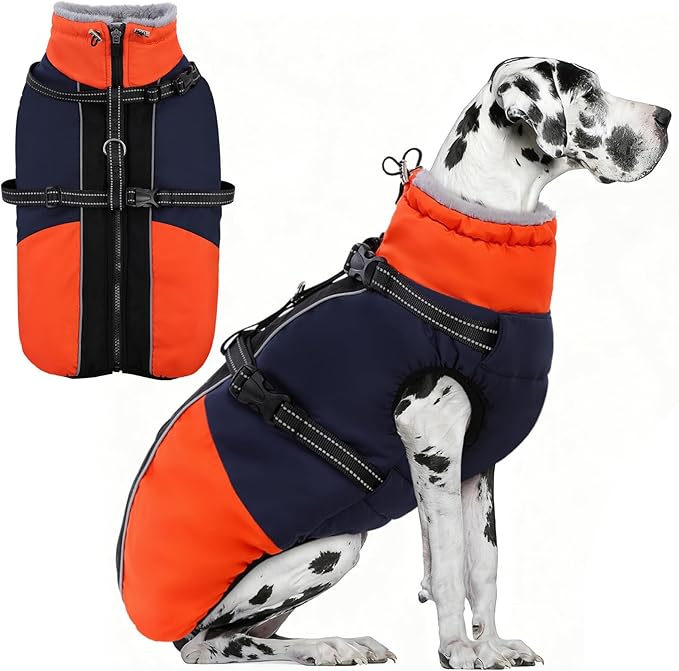 AOFITEE Dog Coat for Large Dogs, XXXL Dog Winter Jacket with Harness Built in, Turtleneck Cold Weather Coat for Extra Large Dogs, Reflective Pet Fleece Jacket with Zipper for Great Dane, Blue 3XL