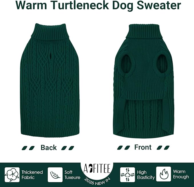 AOFITEE Dog Sweaters for Large Dogs, Stretchy Turtleneck Dogs Sweater for Christmas, Warm Dog Knitwear for Fall Winter, Green Pet Sweater with Harness Hole for Boston Terrier, French Bulldog, L