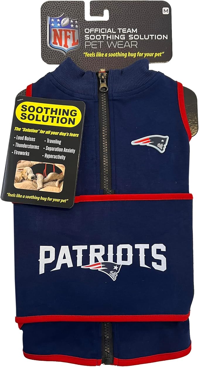 NFL New England Patriots Dog Anxiety Shirt Calming Soothing Solution Vest for Dogs Cats with Anxiety, Fears, Fireworks, Loud Noises, Dark, Lonely Keeps Dogs Calm Feeling Safe, Relaxing Jacket, Large