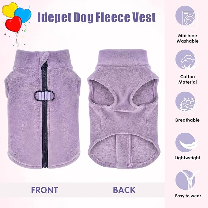 Idepet Dog Fleece Vest Sweater Zip Up Warm Pullover Dogs Jacket with D-Ring Leash Winter Cold Weater Coat Pet Sweatershirt Clothes Hoodie for Small Medium Dogs Boy Girl (Purple, XL)