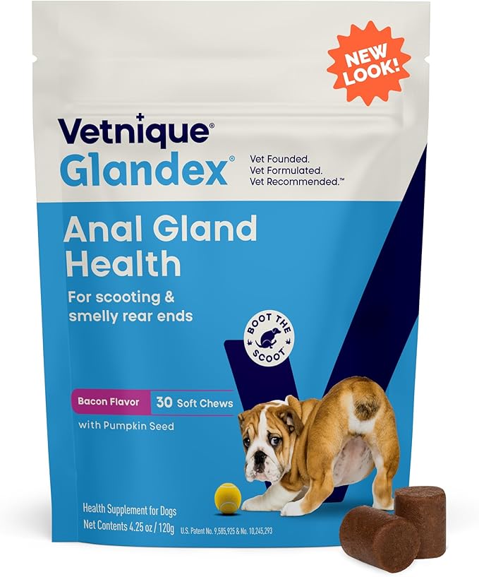 Vetnique Labs Glandex Anal Gland Soft Chew Treats with Pumpkin for Dogs Digestive Enzymes, Probiotics Fiber Supplement for Dogs Boot The Scoot (Bacon/Pork Chews, 30 Count)