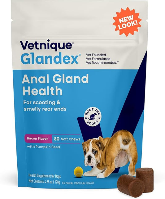 Vetnique Labs Glandex Anal Gland Soft Chew Treats with Pumpkin for Dogs Digestive Enzymes, Probiotics Fiber Supplement for Dogs Boot The Scoot (Bacon/Pork Chews, 30 Count)