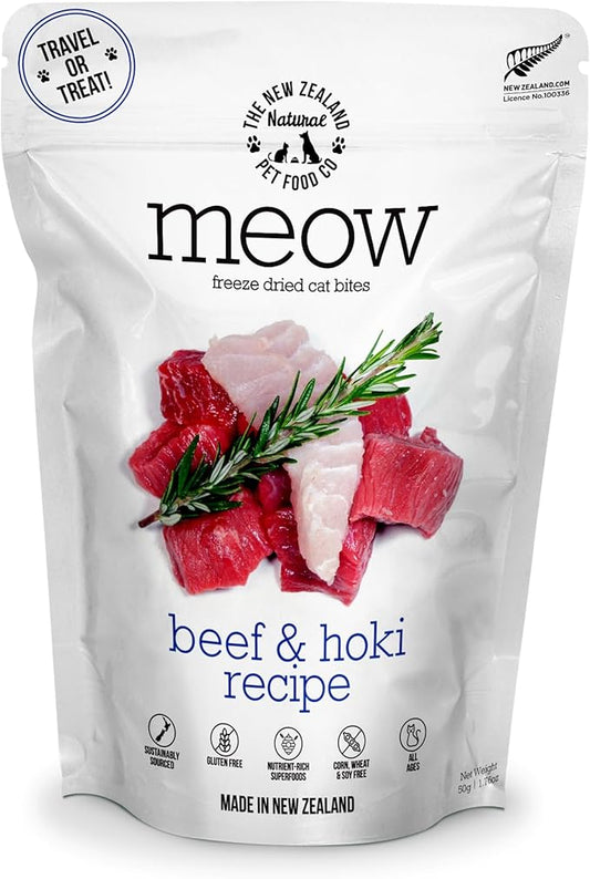 The New Zealand Natural Pet Food Co Meow Freeze Dried Cat Food - Beef & Hoki Recipe, High Protein, Meals & Toppers, Dry Cat Food,1.76 oz