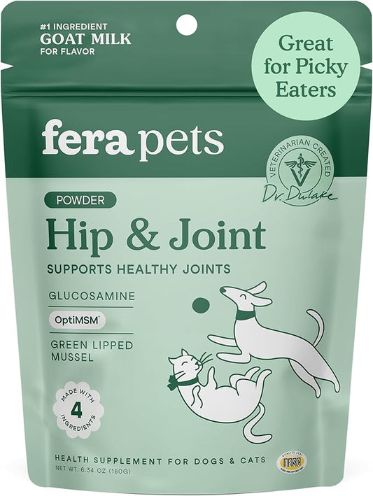 Fera Pets Goat Milk - Cat & Dog Hip and Joint Support with Glucosamine, MSM & Green Lipped Mussel - Supports Flexibility, Mobility & Bone Health - for Picky Eaters - 60 TSP