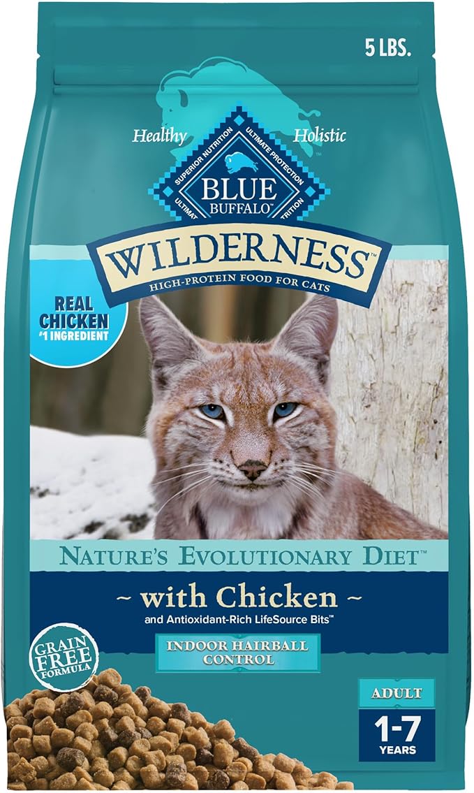 Blue Buffalo Wilderness Natural Hairball Care Dry Cat Food for Indoor Cats, High-Protein & Grain-Free Formula, Chicken, 5-lb. Bag