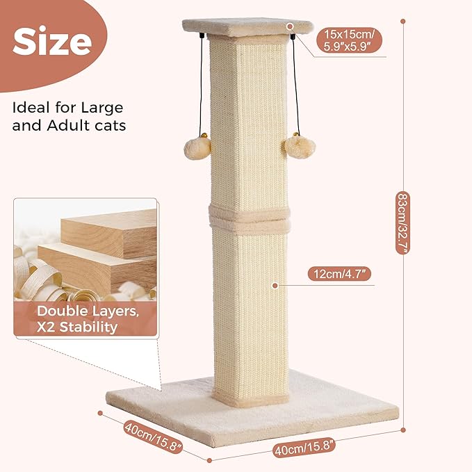 Large Cat Scratching Post with Heavy Duty Base 33" Sturdy Square Sisal Scracher Post and 2 Interactive Hanging Balls for Big Cats-Beige