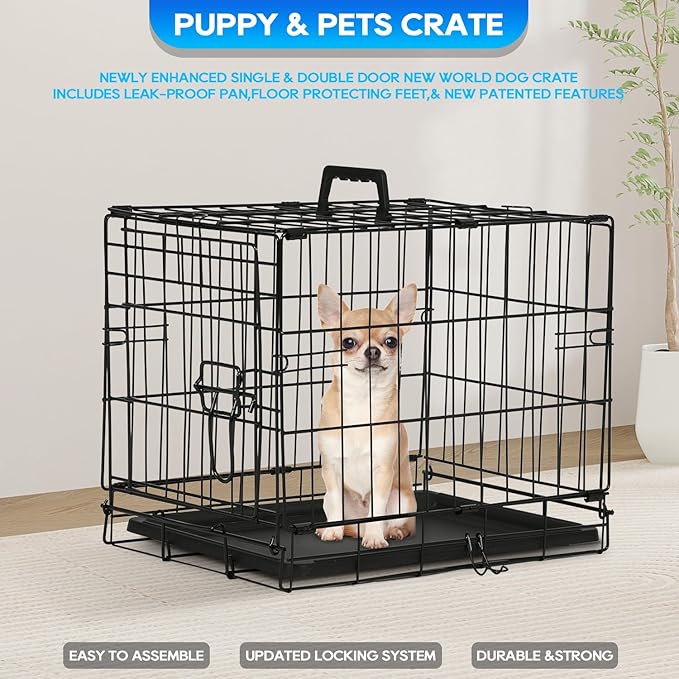FDW Dog Crate for Small Dogs 18 Inch Folding Metal Wire Pet Cage Single Door W/Divider Panel Indoor Outdoor Kennel Leak-Proof Plastic Tray,Black
