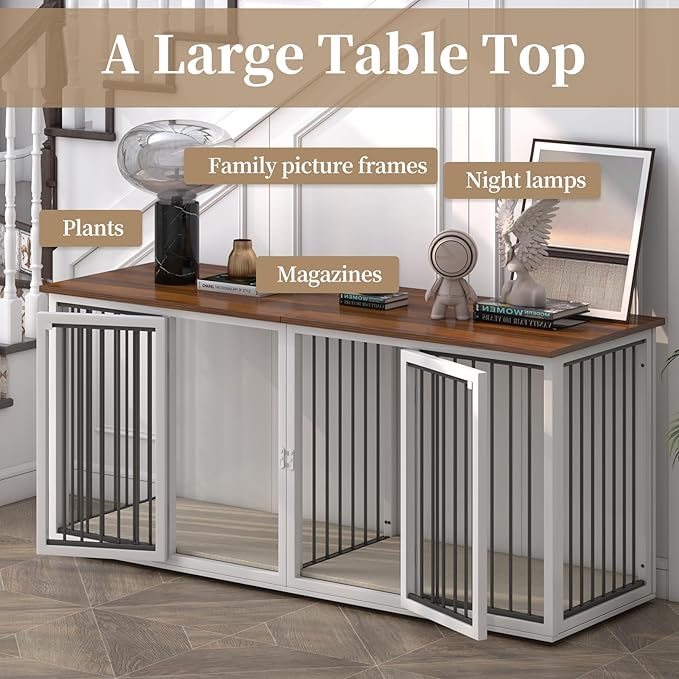 Large Dog Crate Furniture for 2 Dogs, 71.6'' Steel Frame Dog Crate with Double Doors, Heavy Sturdy Kennel for Small Medium Large Dogs, Indoor Double Dog Cage (White)