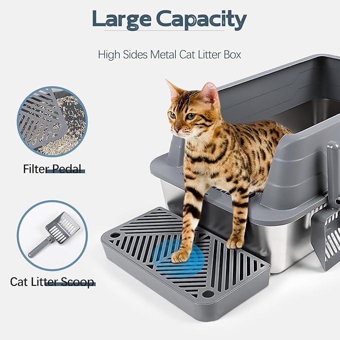 3 Pack Stainless Steel Litter Box, XL 22.9” x 15” x 10.3” High Sided Metal Cat Litter Tray with Scoop, Filter Pedal for Anti-Splash, Non-Sticky, Easy to Clean (Dark Grey)