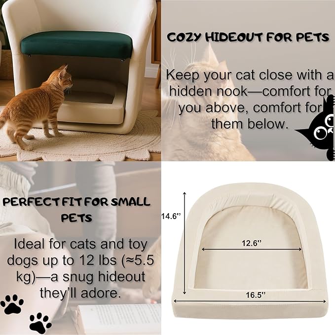 Velvet Chair with Cat Bed for Cats Lover, Pet-Friendly Single Sofa Armchair with Pet Nest for Living Room, White.