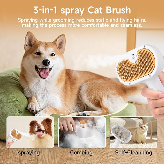 Pet Steam Brush for Dog & Cat – 3-in-1 Spray Hair Removal Comb – Steam for Shedding & Grooming – Water Brush for Long & Short Haired Pets – Spritz Defur Comb – Includes Waterless Shampoo