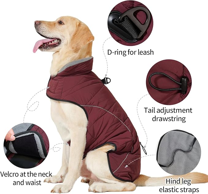 HEYWEAN Dog Winter Coat - Waterproof Windproof Reflective Vest for Medium & Large Breeds Adjustable Warm FleeceLined Jacket with Magic Tape & D-Ring for Leash Cold Weather Apparel (Red, XXX-Large)