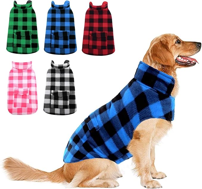 ASENKU Dog Winter Coat, Fleece Doggie Jacket Plaid Reversible Vest Waterproof Windproof Cold Weather Clothes for Small Medium Large Dogs (L, Blue)
