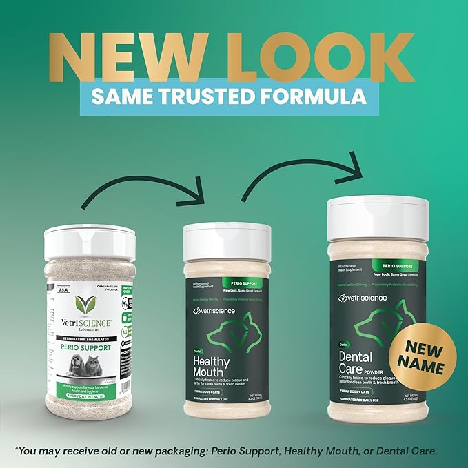 VetriScience Dental Care Powder, Perio Support Clinically Tested Dental Supplement for Small, Medium and Large Breed Dogs, Freshen Breath, Control Plaque and Tartar, Oral Health, 4.2 oz