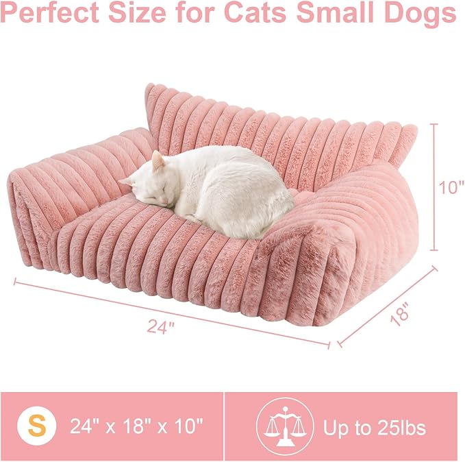 Cute Cat Couch Bed for Indoor Cats, Fluffy Pet Cat Sofa with Premium Soft Corduroy Fleece, Cute Small Dog Beds for Small Dogs, Fuzzy Puppy Chair with Removable Washable Cover (24x18x10,Pink)