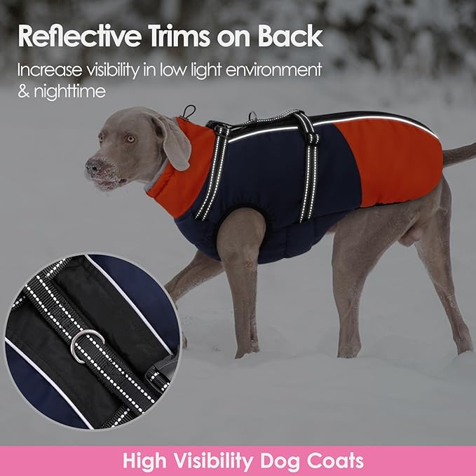 AOFITEE Dog Coats for Large Dogs, Waterproof Dog Winter Jacket with Harness Built in, Warm Large Dogs Coat with Fleece Lined, Zip Up Pets Jackets for Golden Retriever, Weimaraner, Blue 2XL