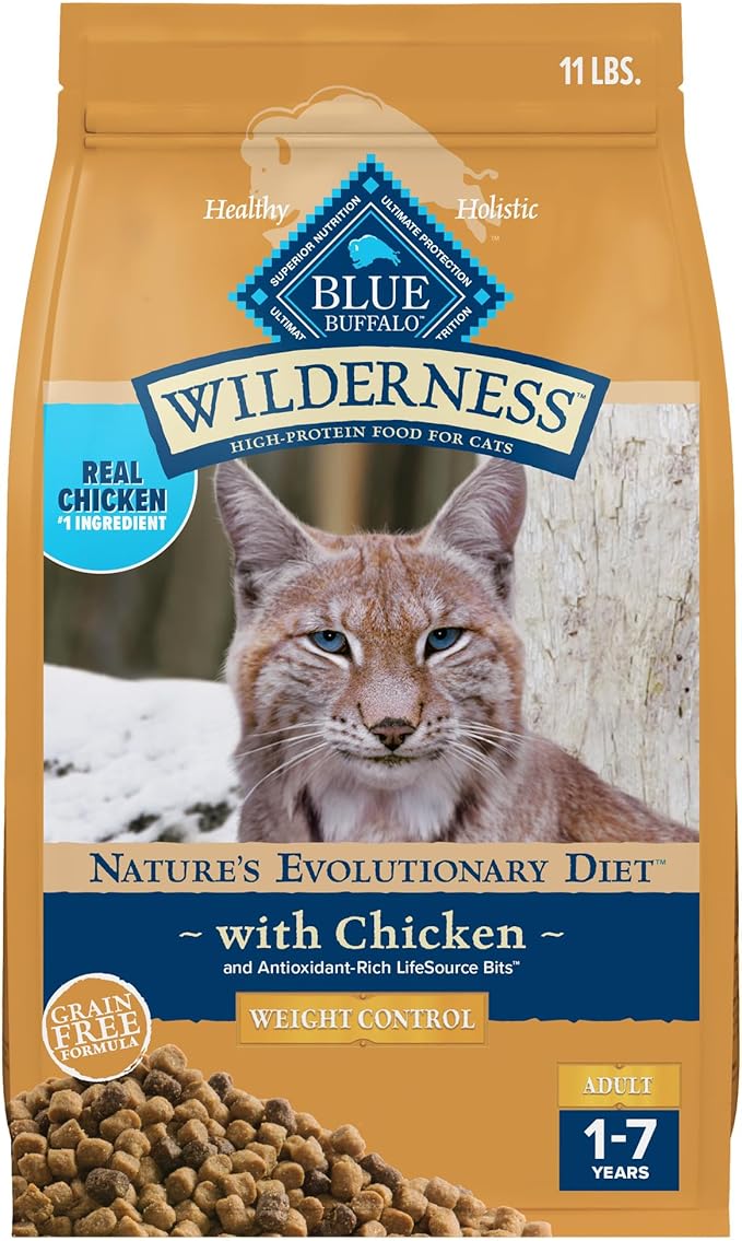 Blue Buffalo Wilderness High-Protein, Grain-Free Natural Dry Food for Adult Cats, Weight Control, Chicken, 11-lb Bag