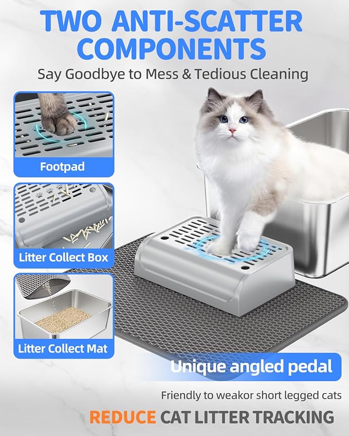 Stainless Steel Litter Box Set- [6-in-1] Large Cat Litter Box with Pedal, Mat, Scoop, Brush, Cat Wands, Non-Sticky Metal Litter Box for Cat, Kitty, Odorless, Easy Clean (23.6"x15.7"x6", 3 Pack)
