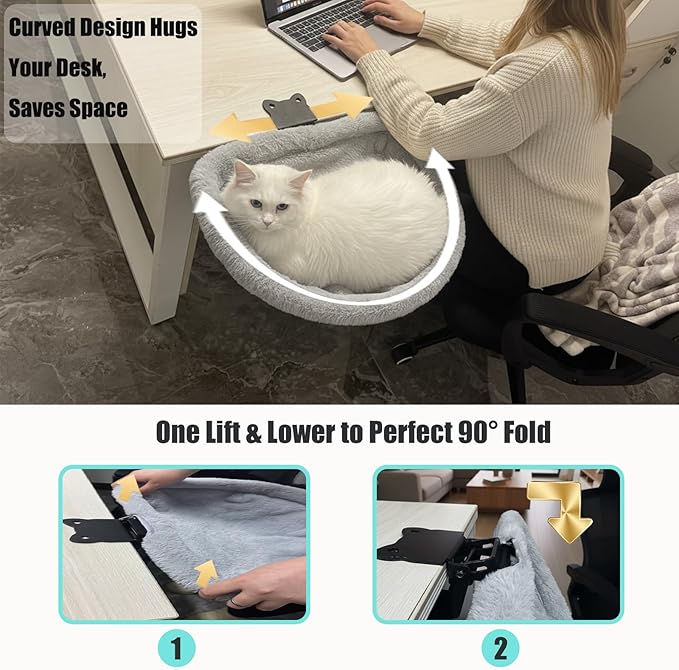 Foldable Cat Bed for Desks - One-Click Folding & Space-Saving Semi-Circle Design, Plush Faux Rabbit Fur with Sunken Cave, Holds 40lb/18kg Cats - Perfect for Office/Gaming Desks (Gray)