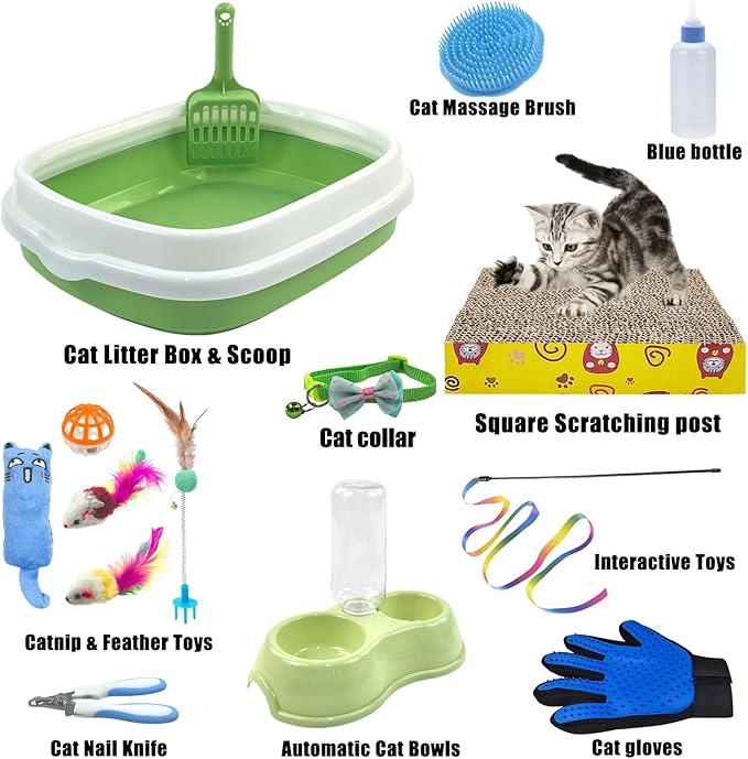 Kitten Starter Kit - 15 Piece Cat Essentials Set Includes Litter Box, Toys, Collars, Scratch Pad, Nail File, Automatic Feed Bowls, Grooming Gloves for Daily Life (Green)